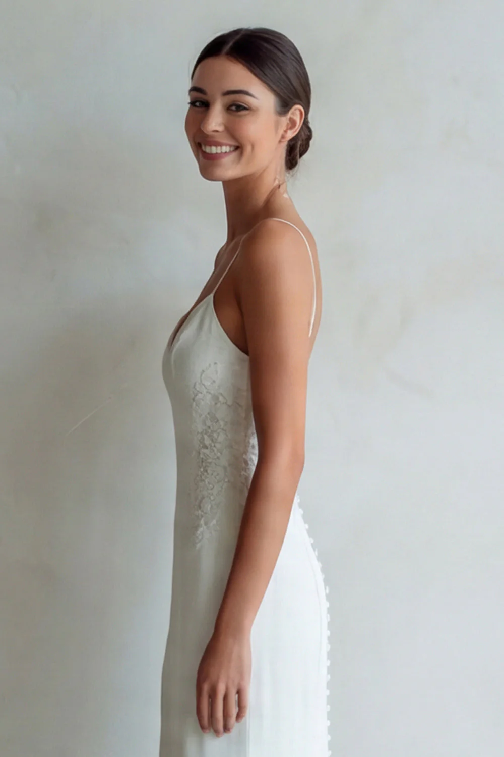 Słoniowa Spaghetti Straps Syrena Sweep Train Wedding Dress z koronką - Image 7