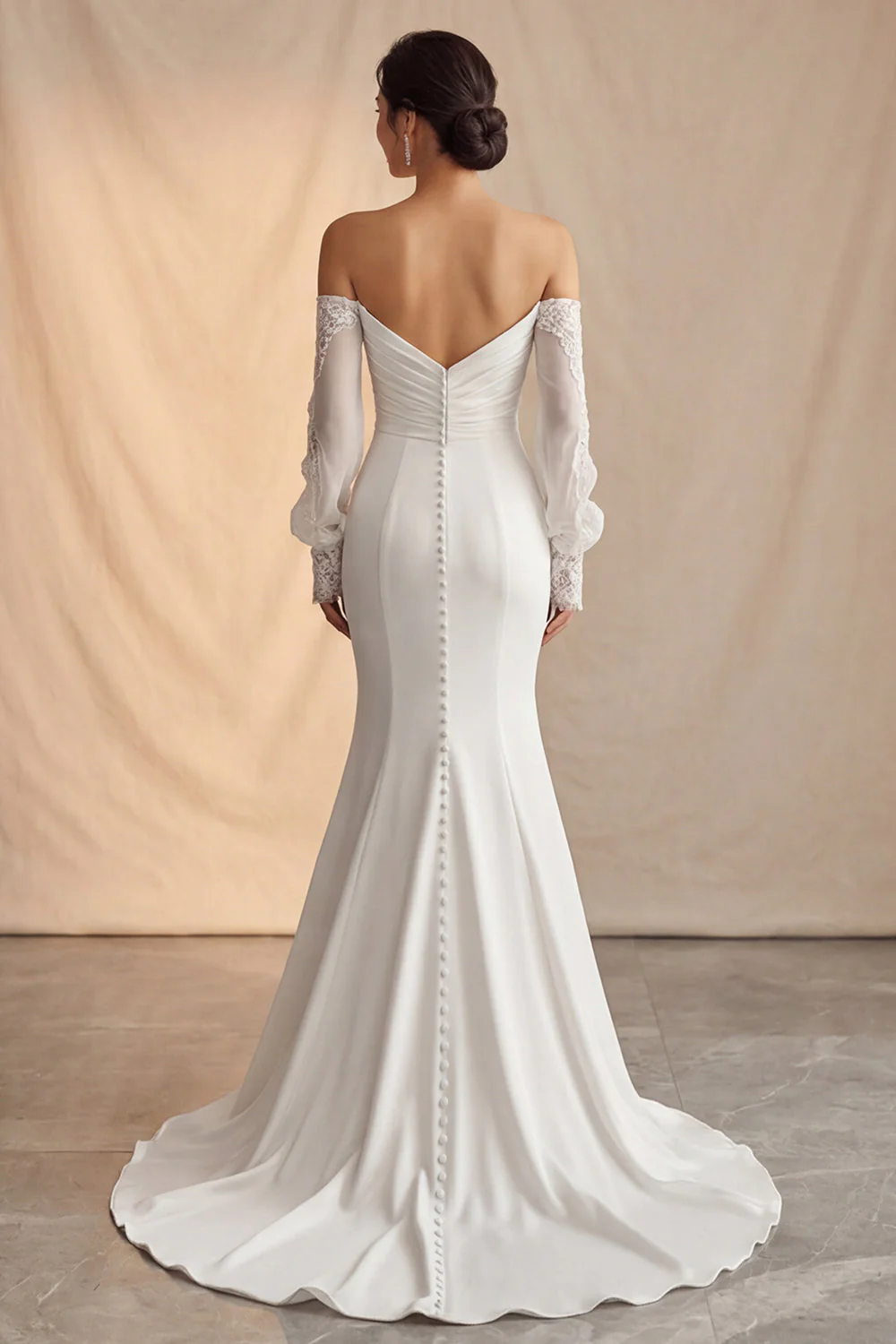 Słoniowa z odsłoniętymi ramionami Mermaid Sweep Train Boho Wedding Dress z koronkowymi rękawami - Image 2
