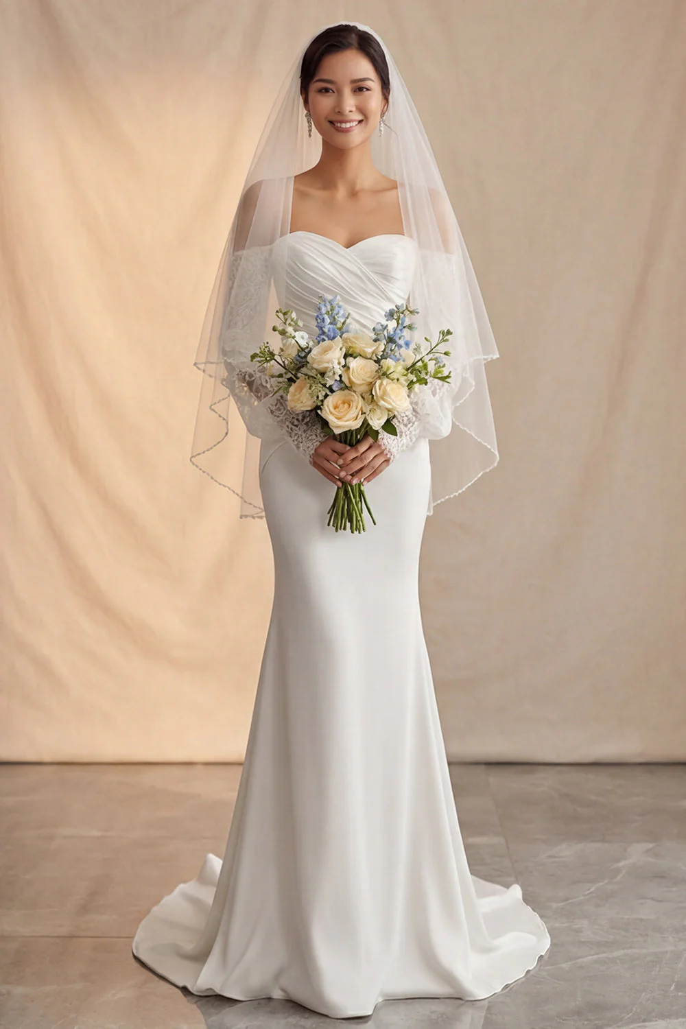 Słoniowa z odsłoniętymi ramionami Mermaid Sweep Train Boho Wedding Dress z koronkowymi rękawami - Image 3