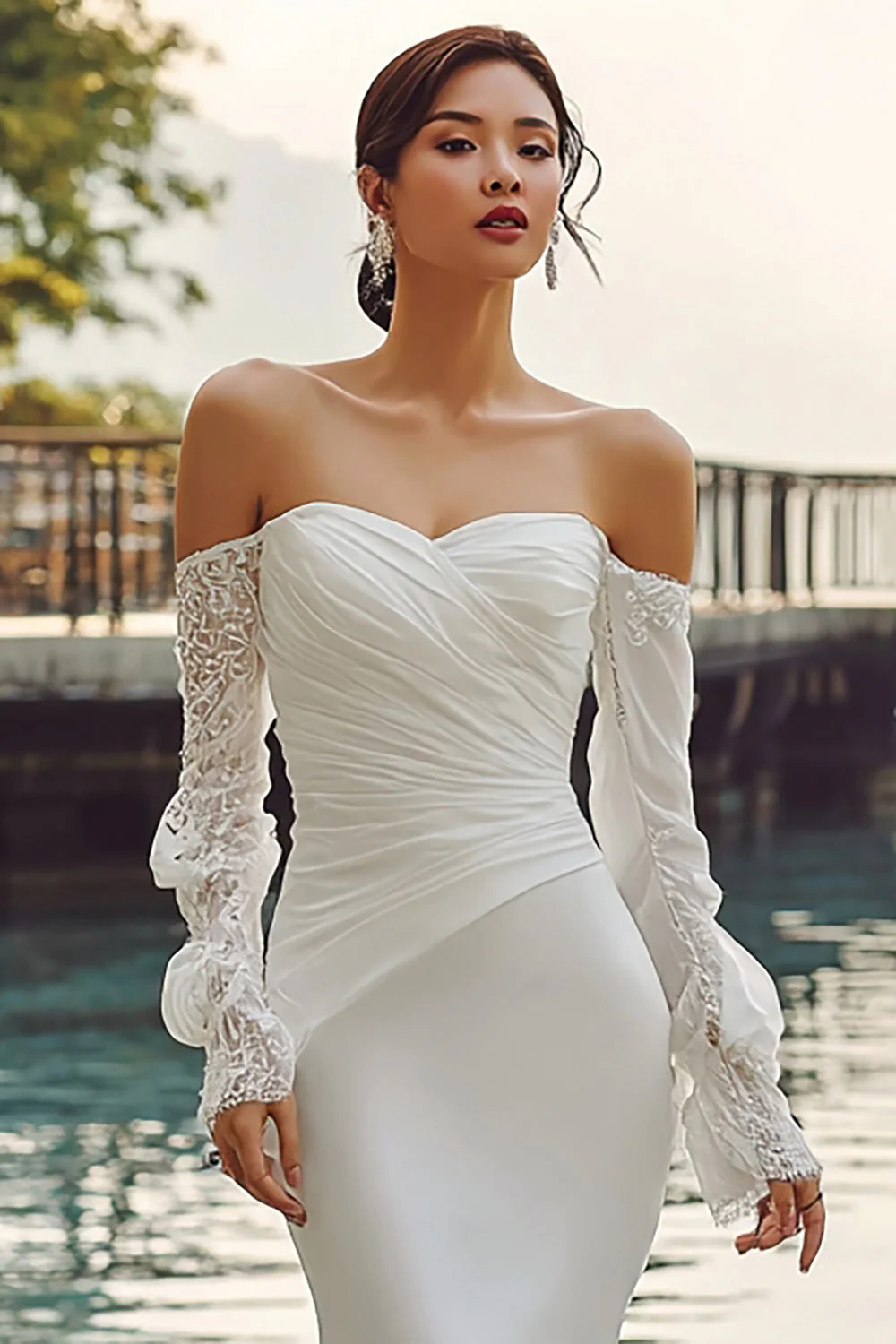 Słoniowa z odsłoniętymi ramionami Mermaid Sweep Train Boho Wedding Dress z koronkowymi rękawami - Image 5