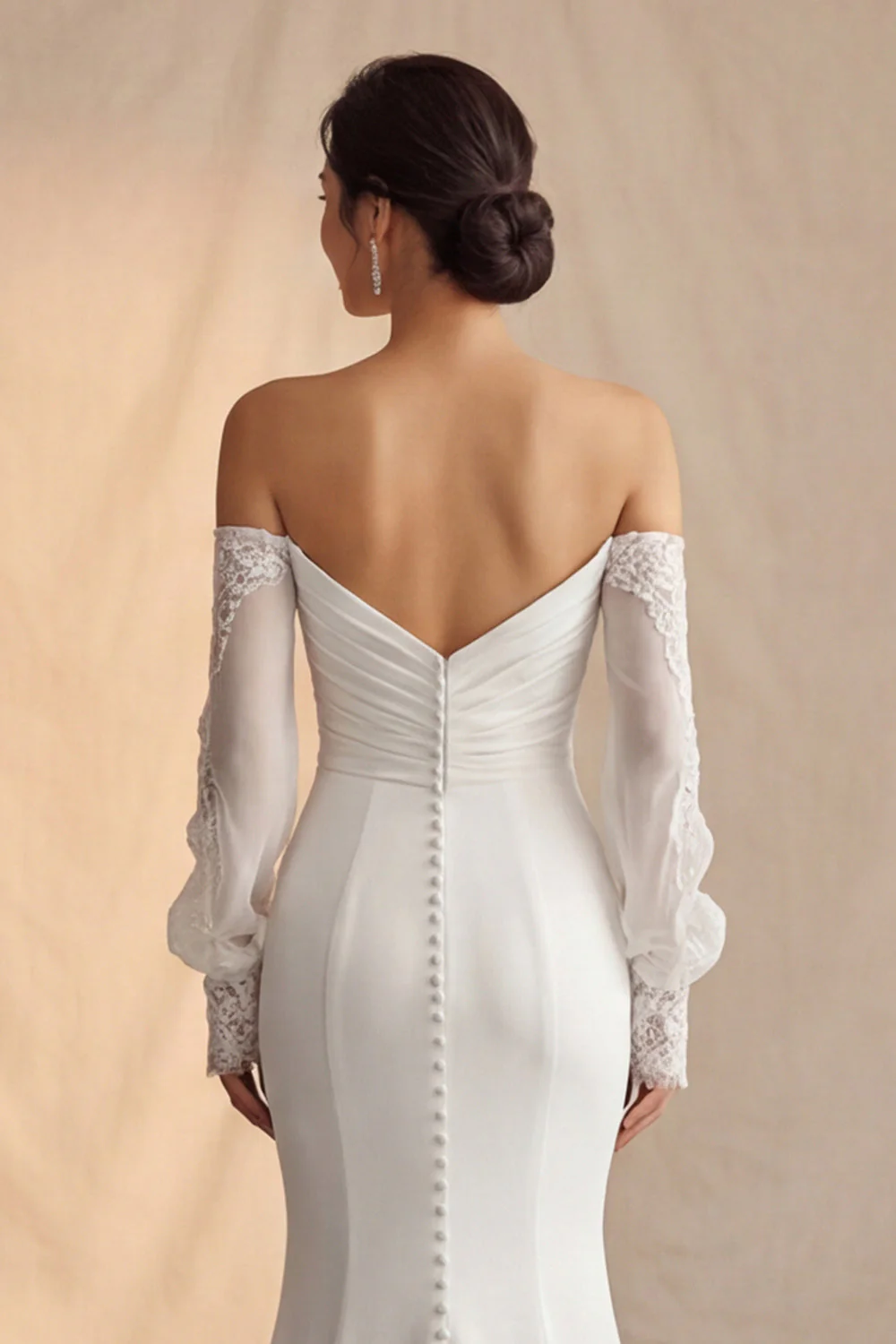 Słoniowa z odsłoniętymi ramionami Mermaid Sweep Train Boho Wedding Dress z koronkowymi rękawami - Image 6