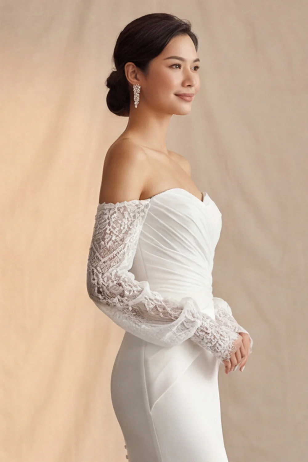 Słoniowa z odsłoniętymi ramionami Mermaid Sweep Train Boho Wedding Dress z koronkowymi rękawami - Image 7