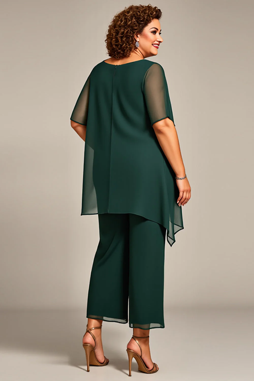 Sosna Szyfon Plus Size Dwuczęściowy Garnitur Spodniowy z Pół Rękawy - Image 2