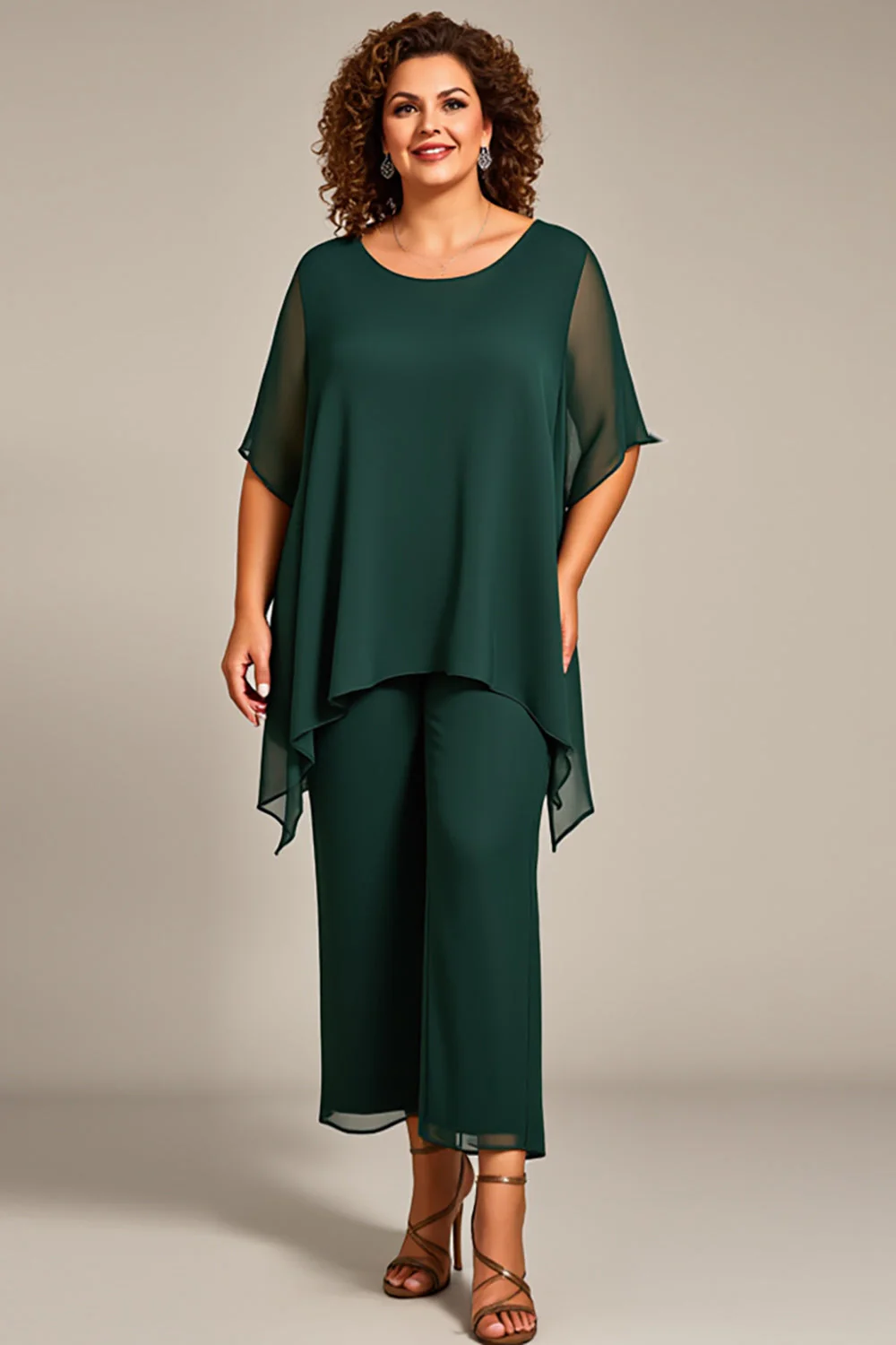 Sosna Szyfon Plus Size Dwuczęściowy Garnitur Spodniowy z Pół Rękawy - Image 3