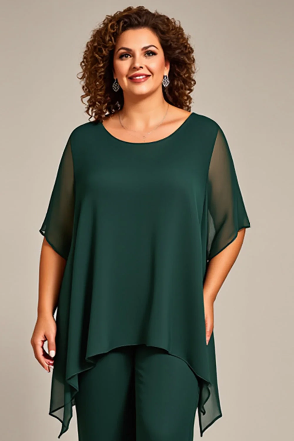 Sosna Szyfon Plus Size Dwuczęściowy Garnitur Spodniowy z Pół Rękawy - Image 4