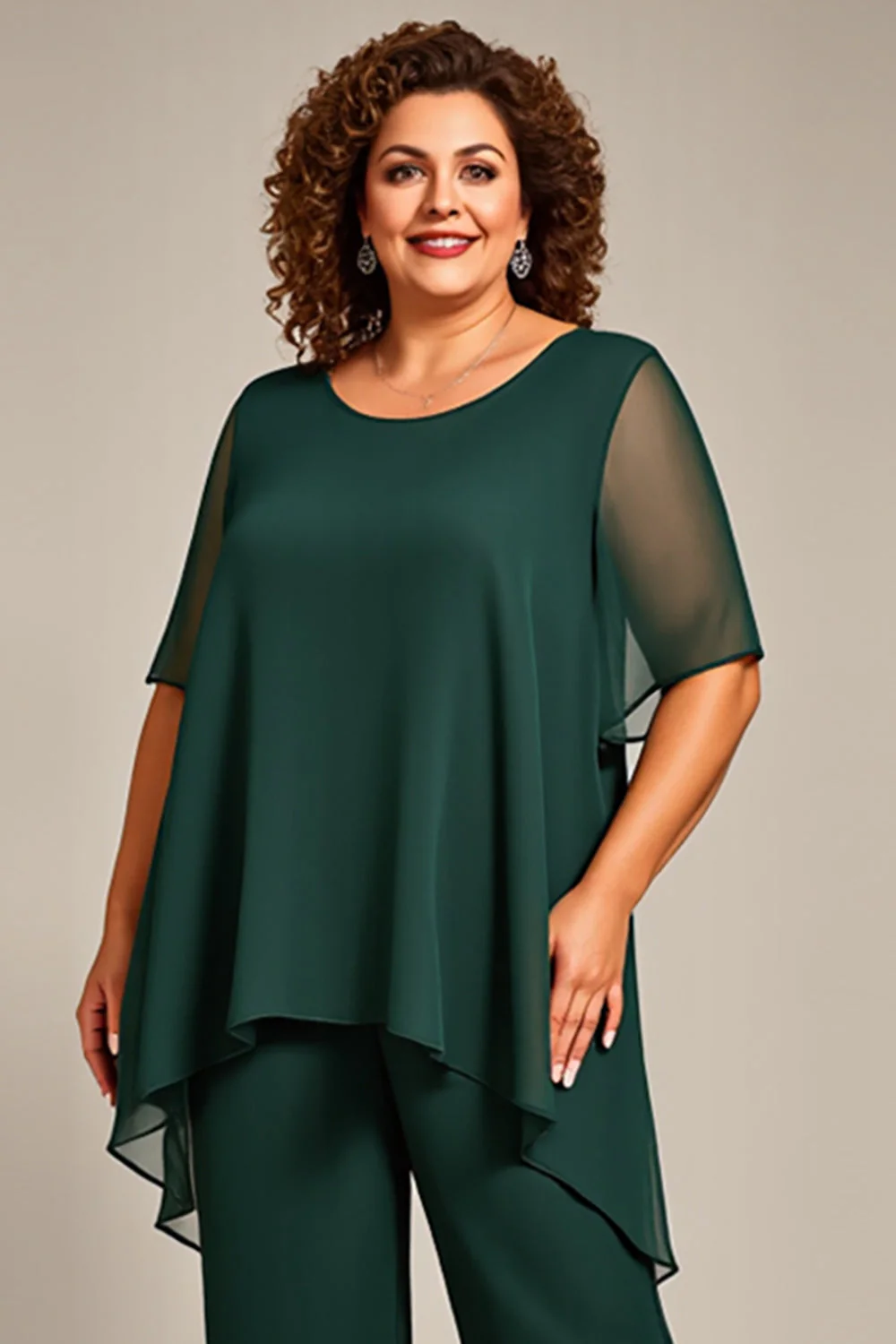 Sosna Szyfon Plus Size Dwuczęściowy Garnitur Spodniowy z Pół Rękawy - Image 6