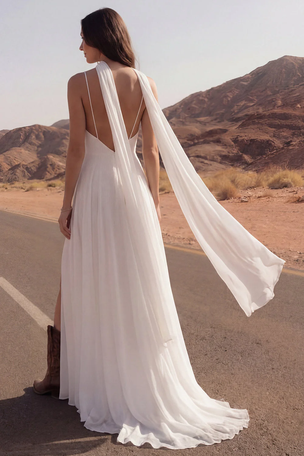 Spaghetti Straps A Line Ivory Maxi Beach Wedding Dress z rozcięciem - Image 2