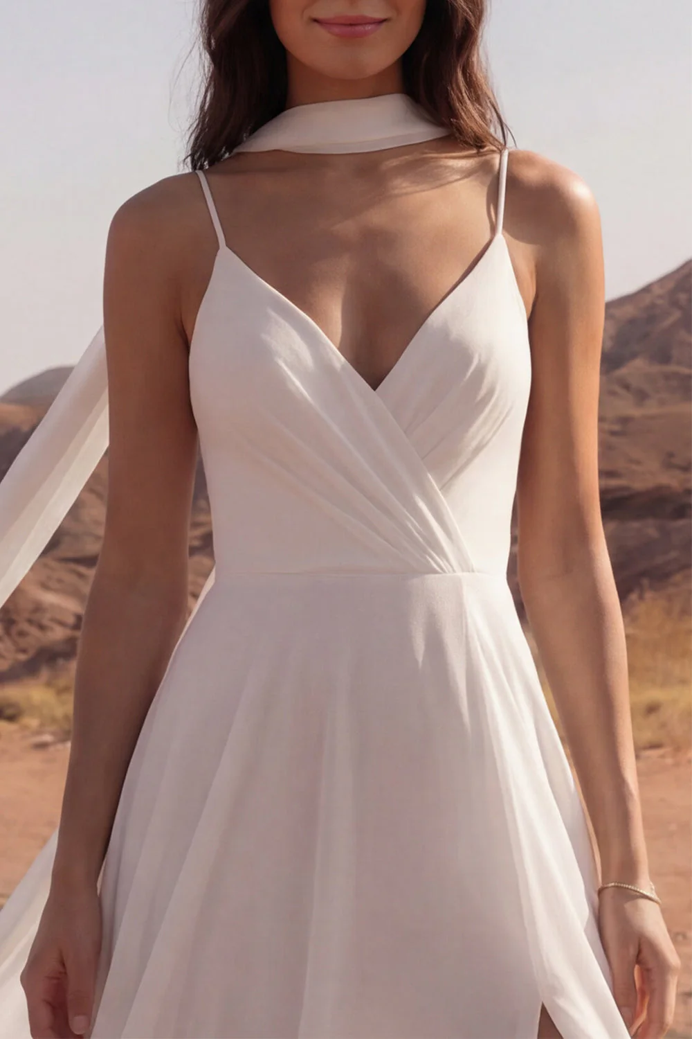 Spaghetti Straps A Line Ivory Maxi Beach Wedding Dress z rozcięciem - Image 3