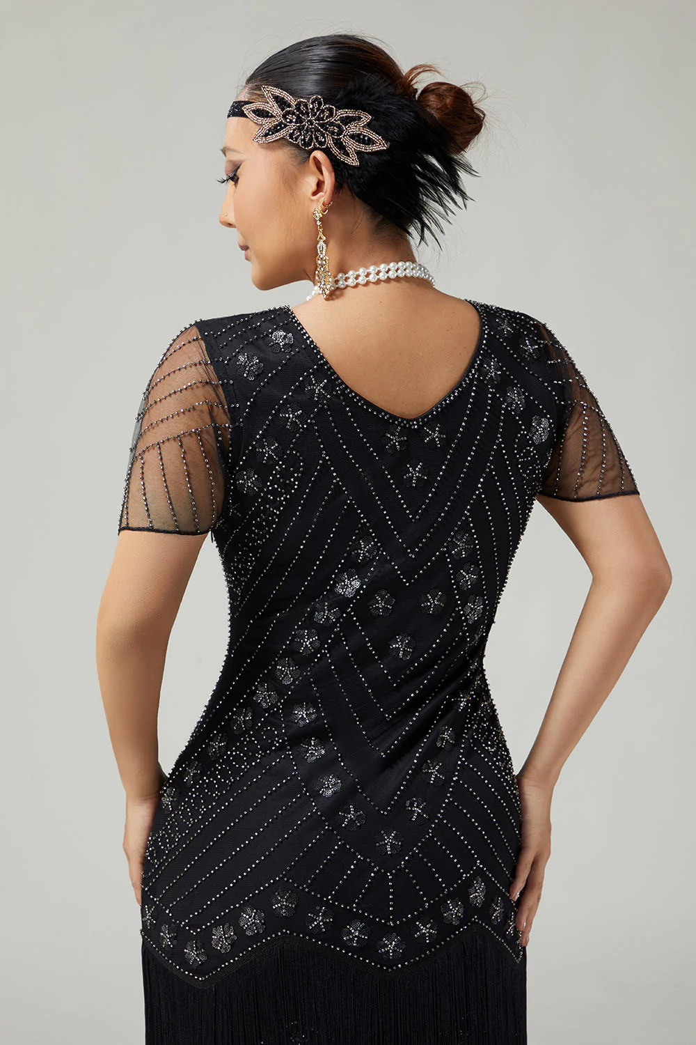 , srebrna, wysadzana koralikami sukienka bodycon z frędzlami z 1920 roku z 5-częściowym zestawem akcesoriów - Image 5