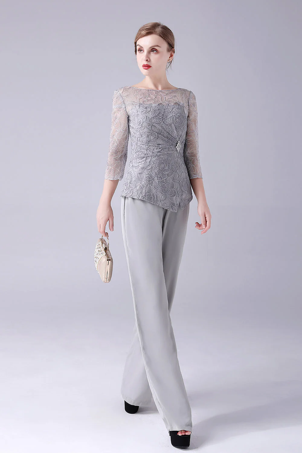 Srebrne 2-Częściowe Slim Eleganckie Garnitury Ze Spodniami Dla Matki Panny Młodej - Image 3