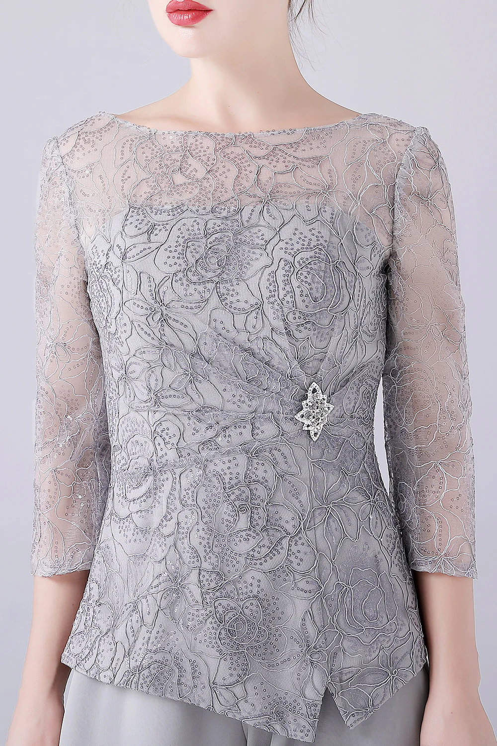 Srebrne 2-Częściowe Slim Eleganckie Garnitury Ze Spodniami Dla Matki Panny Młodej - Image 4