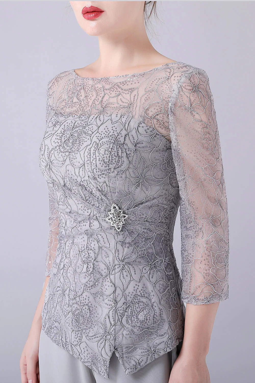 Srebrne 2-Częściowe Slim Eleganckie Garnitury Ze Spodniami Dla Matki Panny Młodej - Image 6