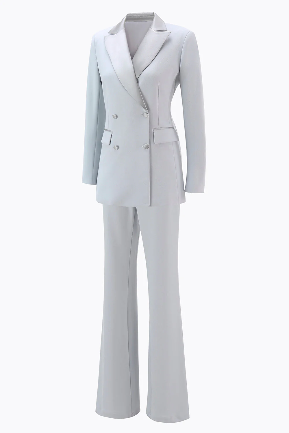 Srebrny 2-częściowy dwurzędowy klapa w szpic Slim Fit damski garnitur - Image 3