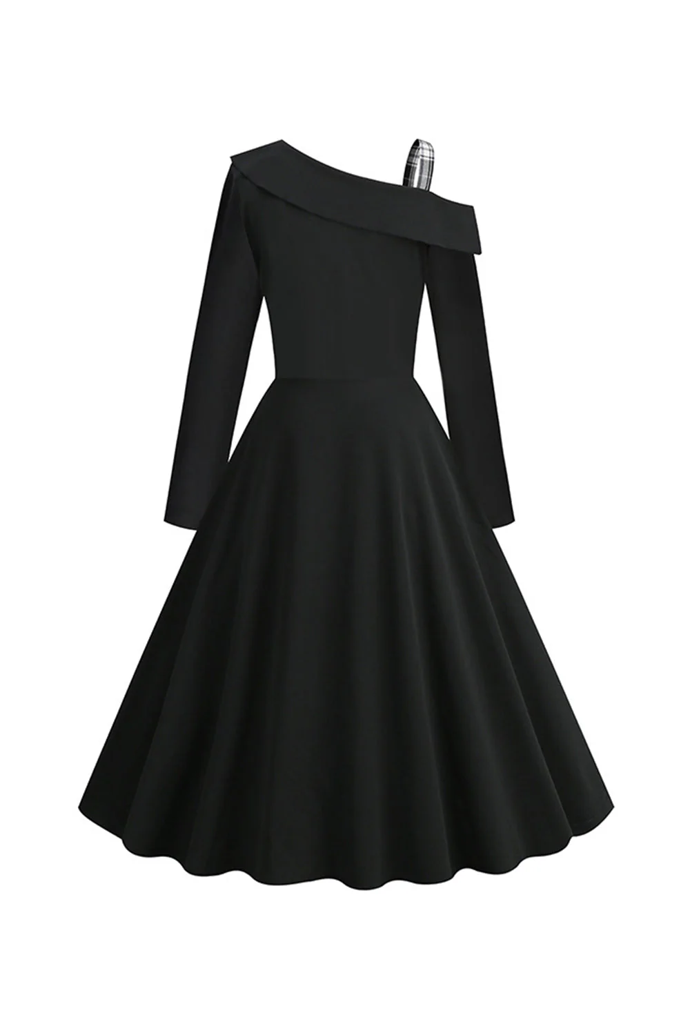 Styl retro Czarna sukienka w kratę z 1950 roku na jedno ramię - Image 2