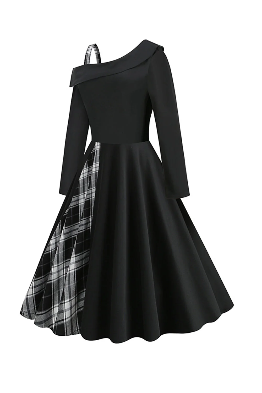 Styl retro Czarna sukienka w kratę z 1950 roku na jedno ramię - Image 3