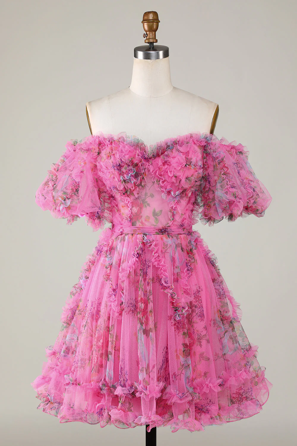 Stylowa linia z ramienia Dusty Rose Tulle Krótka sukienka Homecoming z krótkimi rękawami - Image 19
