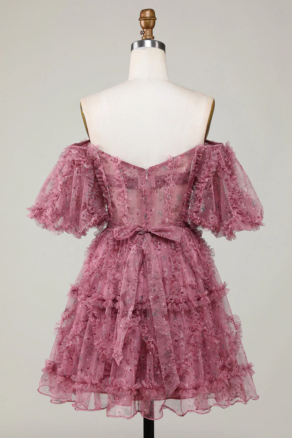 Stylowa linia z ramienia Dusty Rose Tulle Krótka sukienka Homecoming z krótkimi rękawami - Image 2