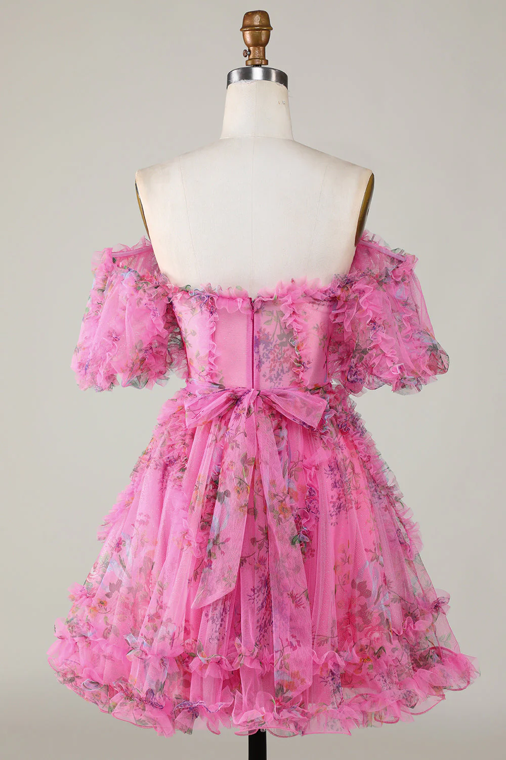 Stylowa linia z ramienia Dusty Rose Tulle Krótka sukienka Homecoming z krótkimi rękawami - Image 20