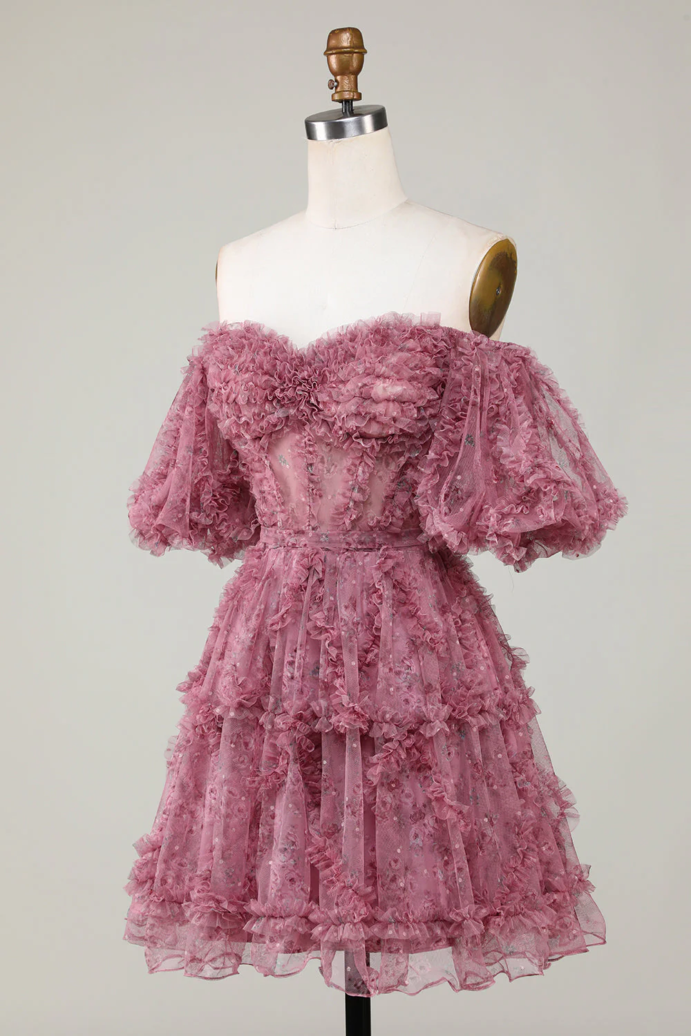 Stylowa linia z ramienia Dusty Rose Tulle Krótka sukienka Homecoming z krótkimi rękawami - Image 3