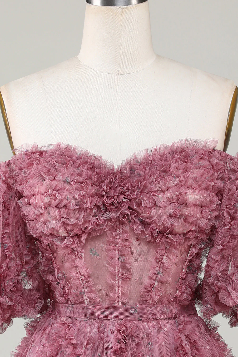 Stylowa linia z ramienia Dusty Rose Tulle Krótka sukienka Homecoming z krótkimi rękawami - Image 4