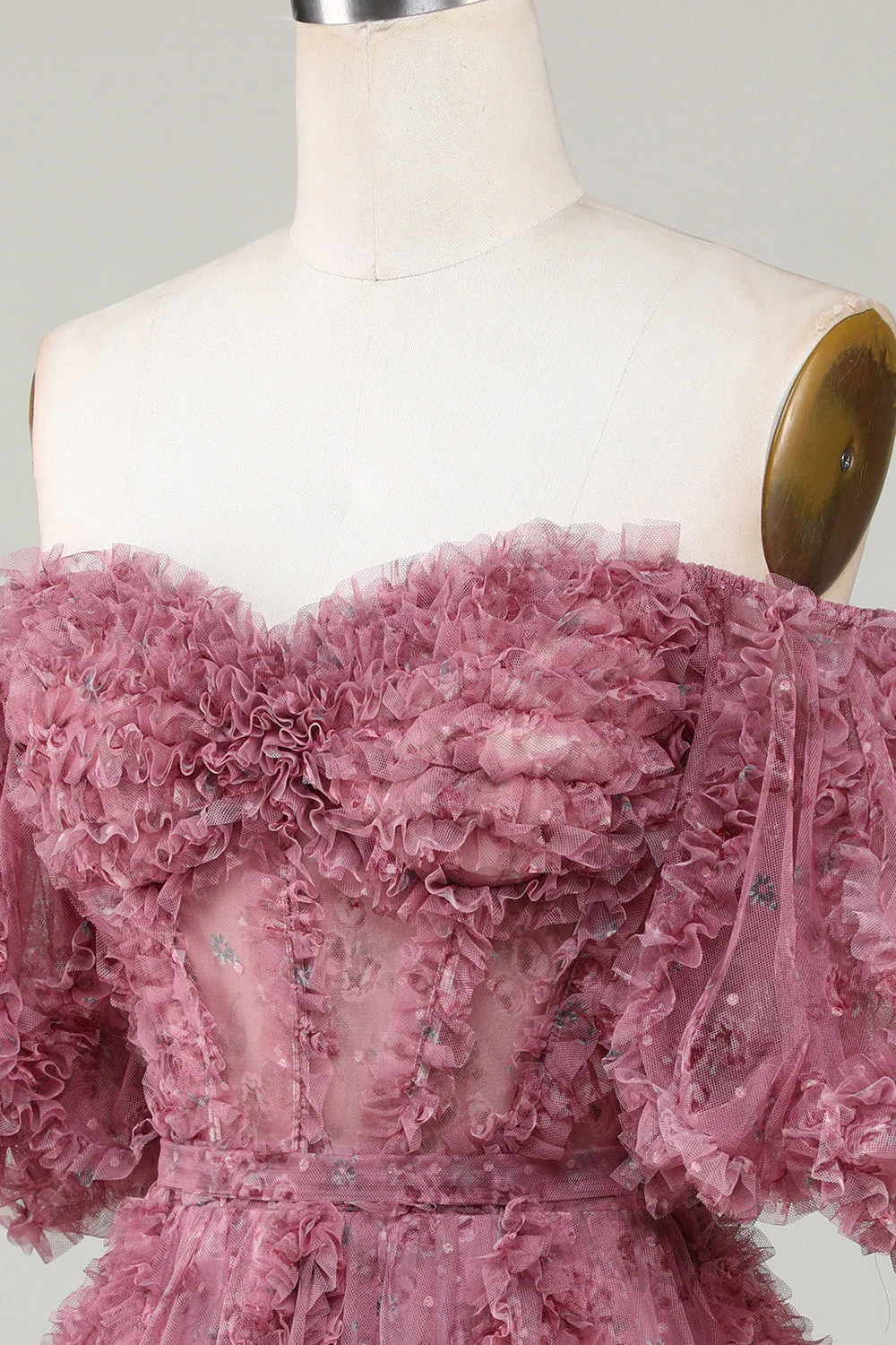 Stylowa linia z ramienia Dusty Rose Tulle Krótka sukienka Homecoming z krótkimi rękawami - Image 5