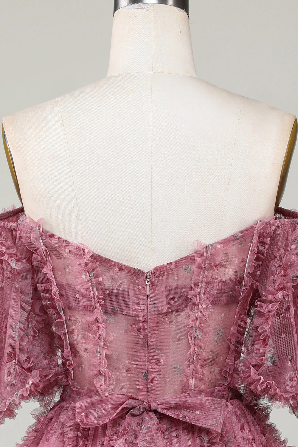 Stylowa linia z ramienia Dusty Rose Tulle Krótka sukienka Homecoming z krótkimi rękawami - Image 6