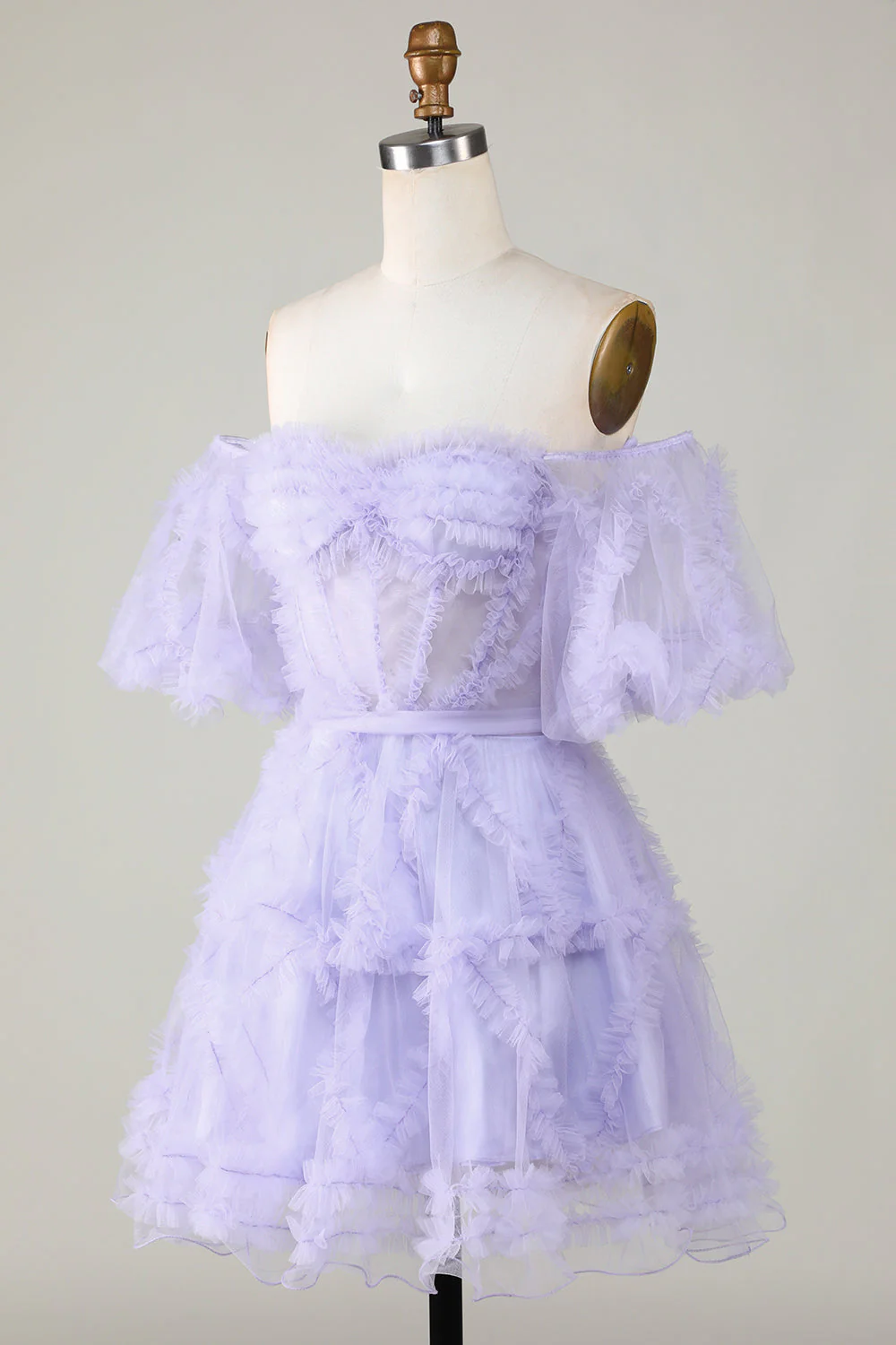 Stylowa linia z ramienia Fioletowy tiul Gorset Homecoming Dress - Image 3