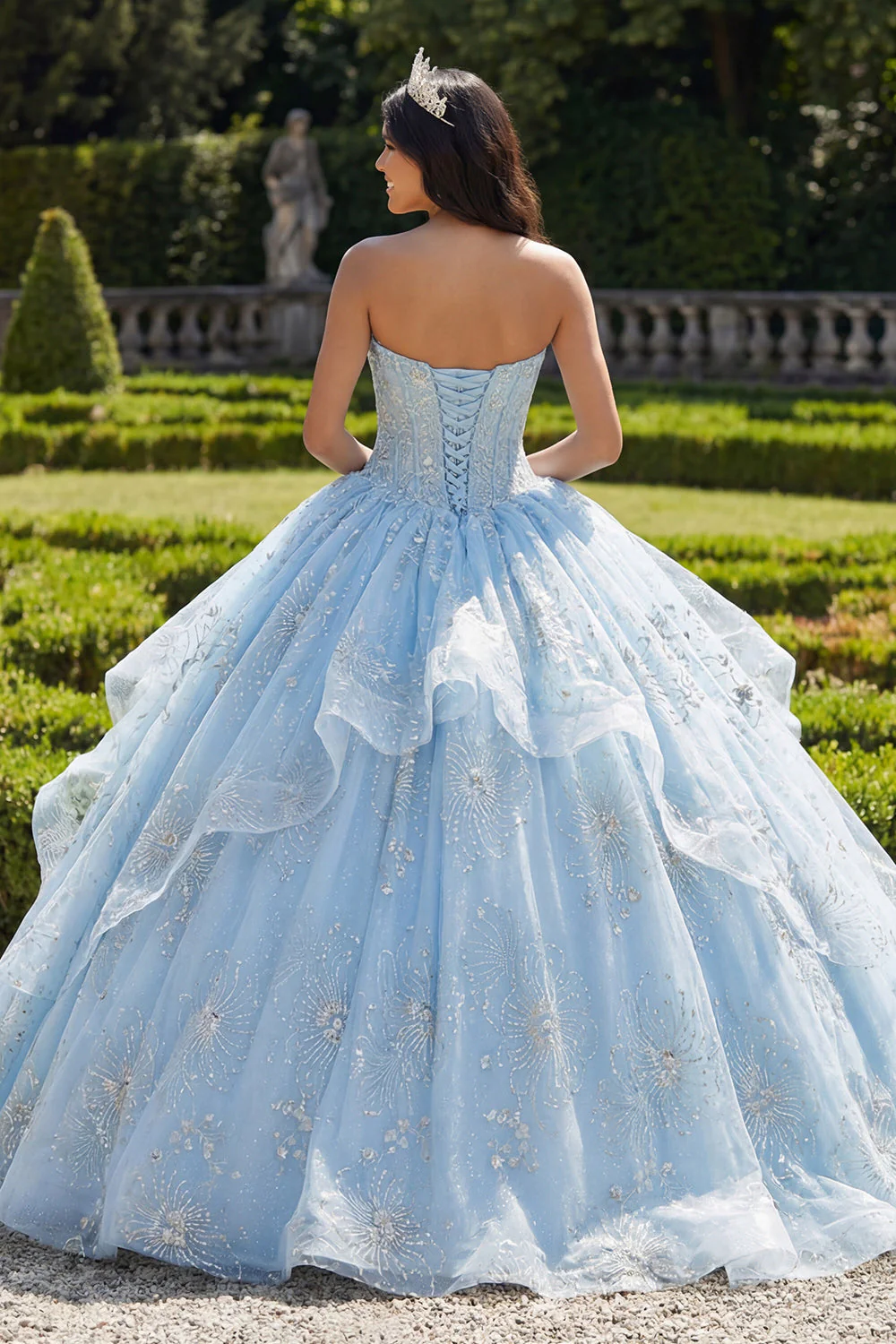 Sukienka balowa bez ramiączek z falbanami w kolorze niebieskiego nieba Quinceanera - Image 2