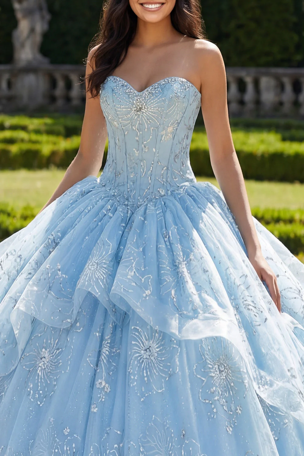 Sukienka balowa bez ramiączek z falbanami w kolorze niebieskiego nieba Quinceanera - Image 3