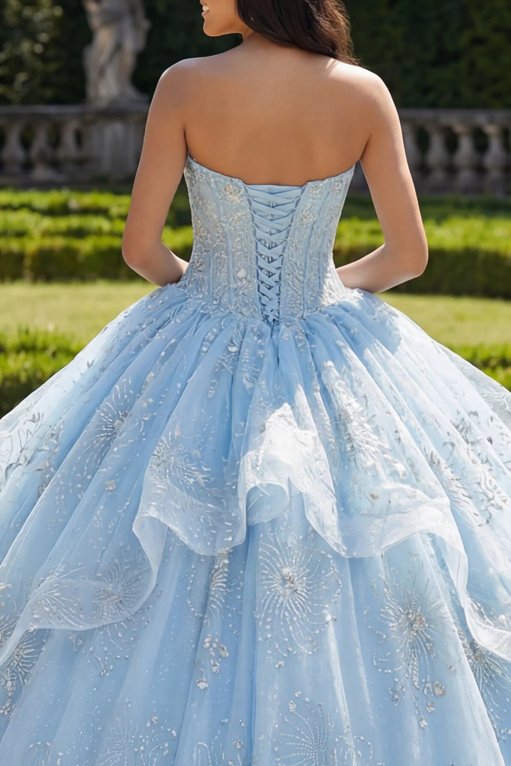 Sukienka balowa bez ramiączek z falbanami w kolorze niebieskiego nieba Quinceanera - Image 4