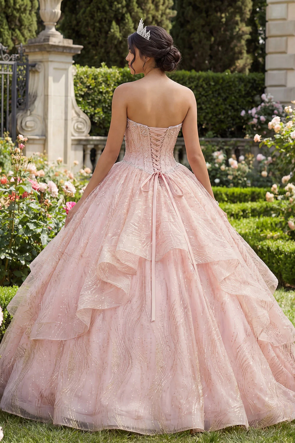 Sukienka balowa bez ramiączek, z koralikami i różową falbaną Quinceanera - Image 2