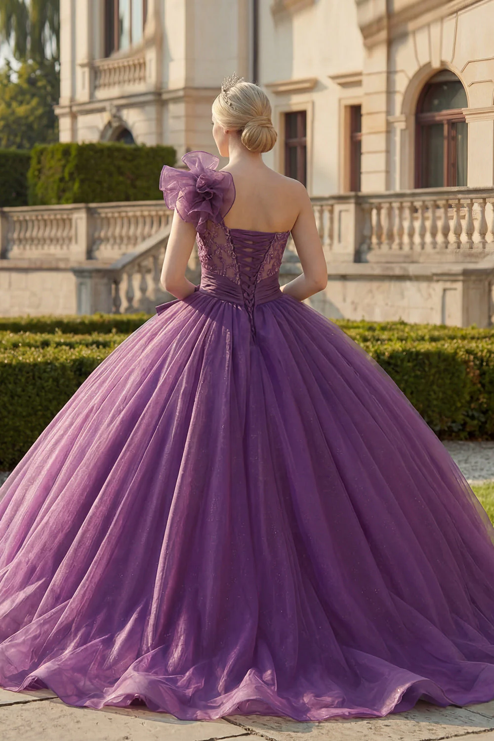Sukienka balowa na jedno ramię, ciemnofioletowa sukienka Quinceanera z falbanami - Image 2