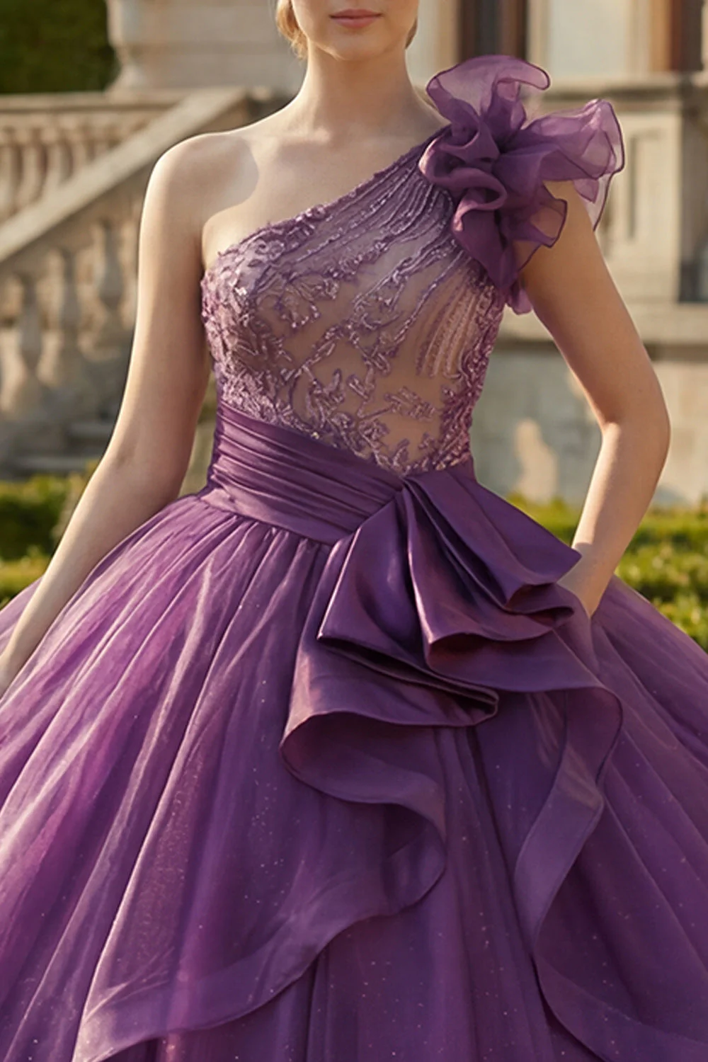 Sukienka balowa na jedno ramię, ciemnofioletowa sukienka Quinceanera z falbanami - Image 3