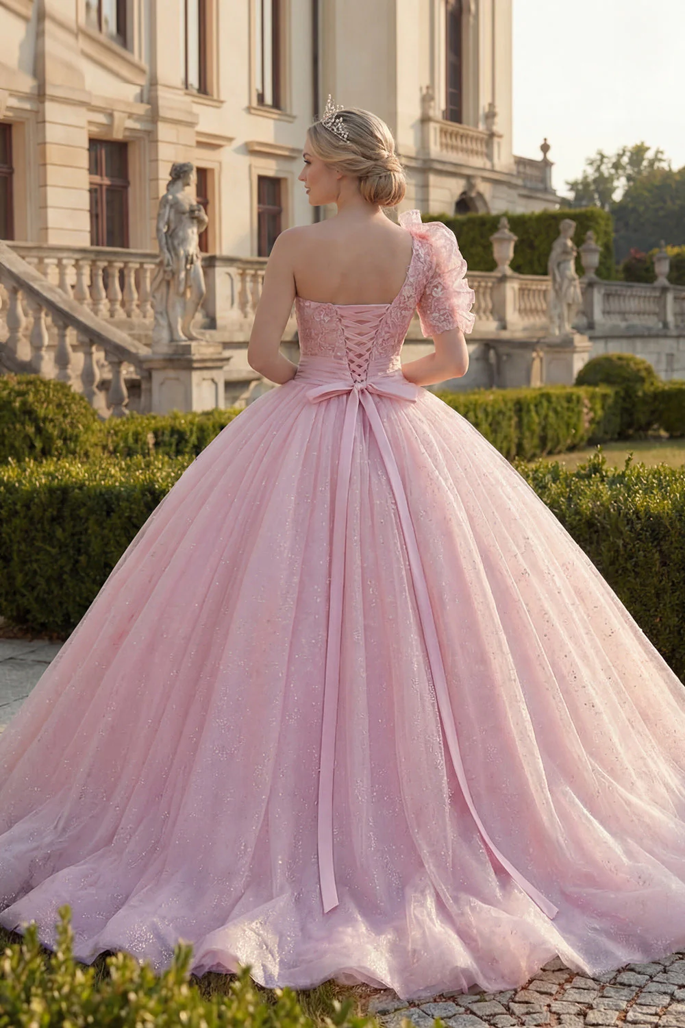 Sukienka balowa na jedno ramię, różowa, aplikowana z brokatem i sukienka z Quinceañera - Image 2