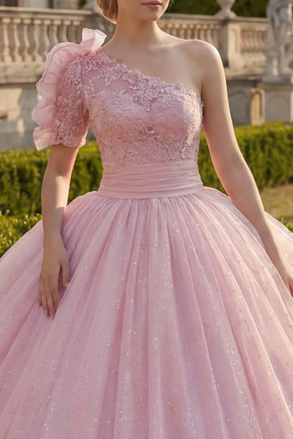 Sukienka balowa na jedno ramię, różowa, aplikowana z brokatem i sukienka z Quinceañera - Image 3