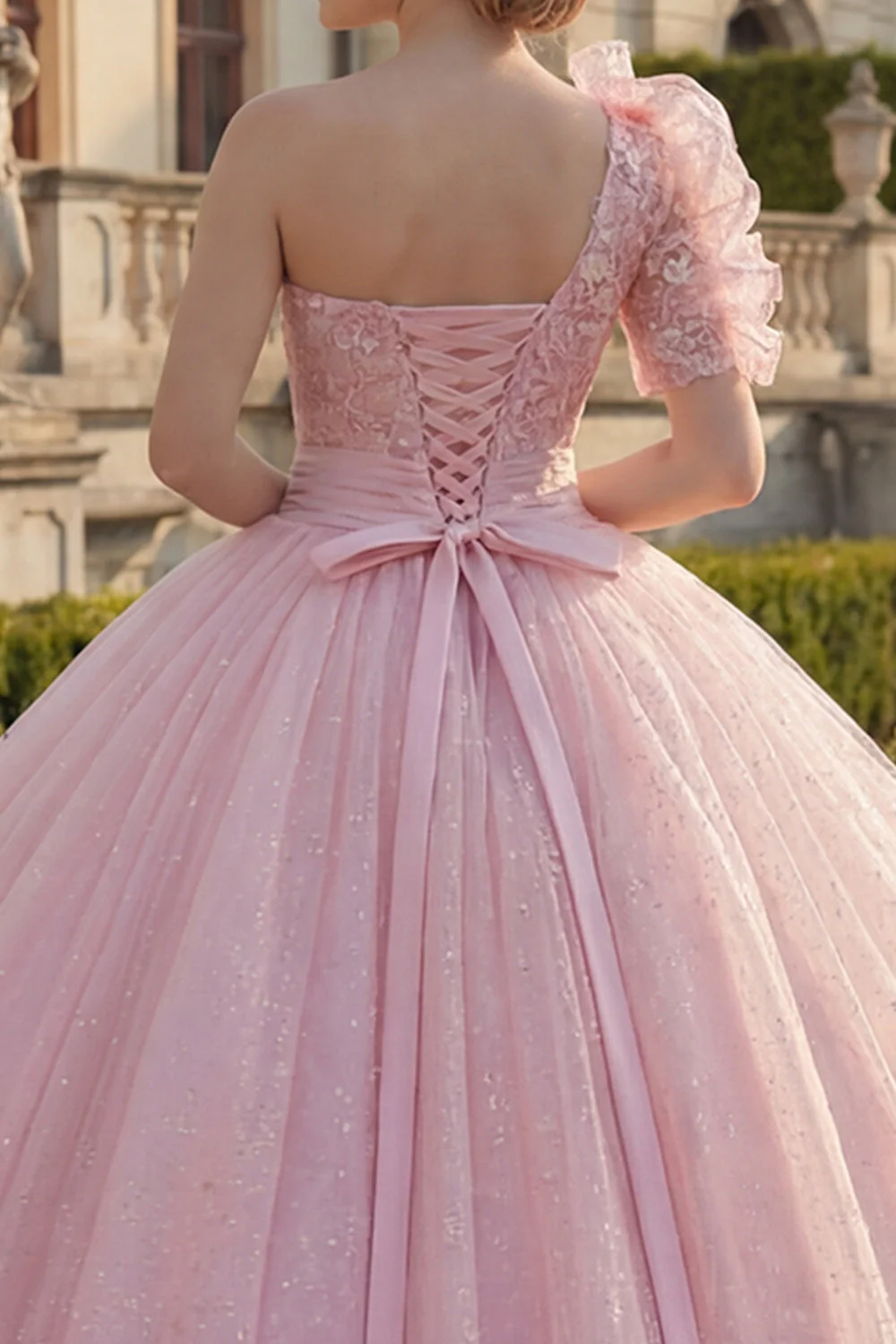 Sukienka balowa na jedno ramię, różowa, aplikowana z brokatem i sukienka z Quinceañera - Image 4