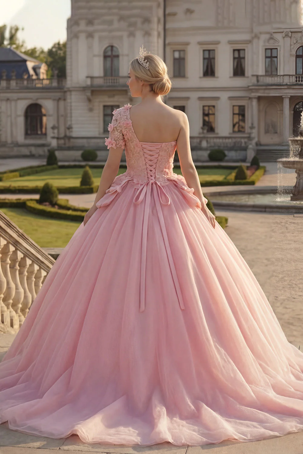Sukienka balowa różowa z aplikacjami na jedno ramię – sukienka z Quinceanera - Image 2