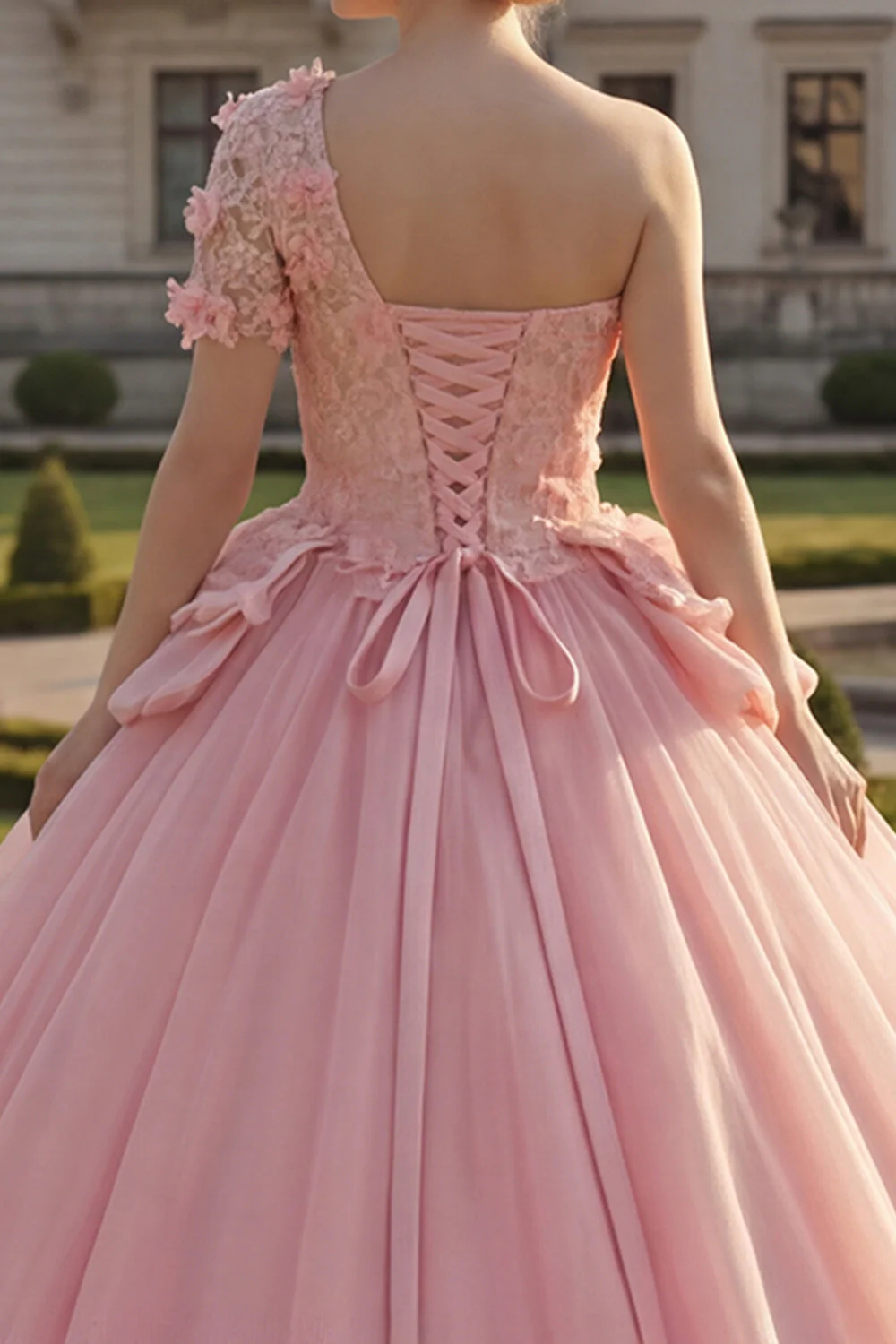 Sukienka balowa różowa z aplikacjami na jedno ramię – sukienka z Quinceanera - Image 4
