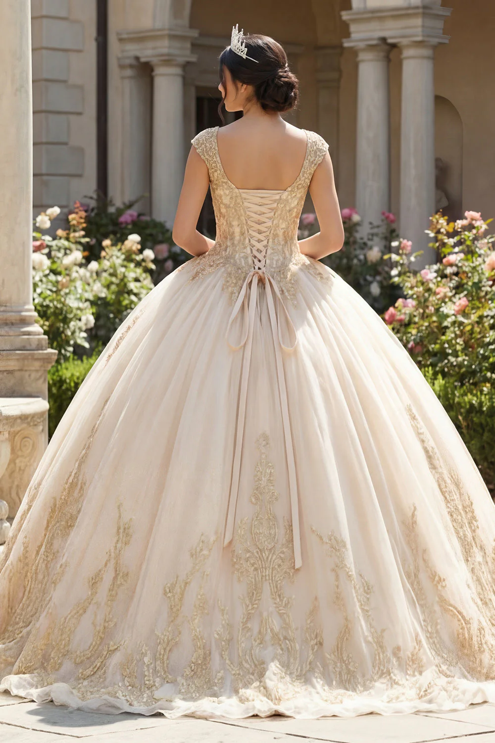 Sukienka balowa z aplikacjami szampana z dekoltem w serek, sukienka quinceanera - Image 2