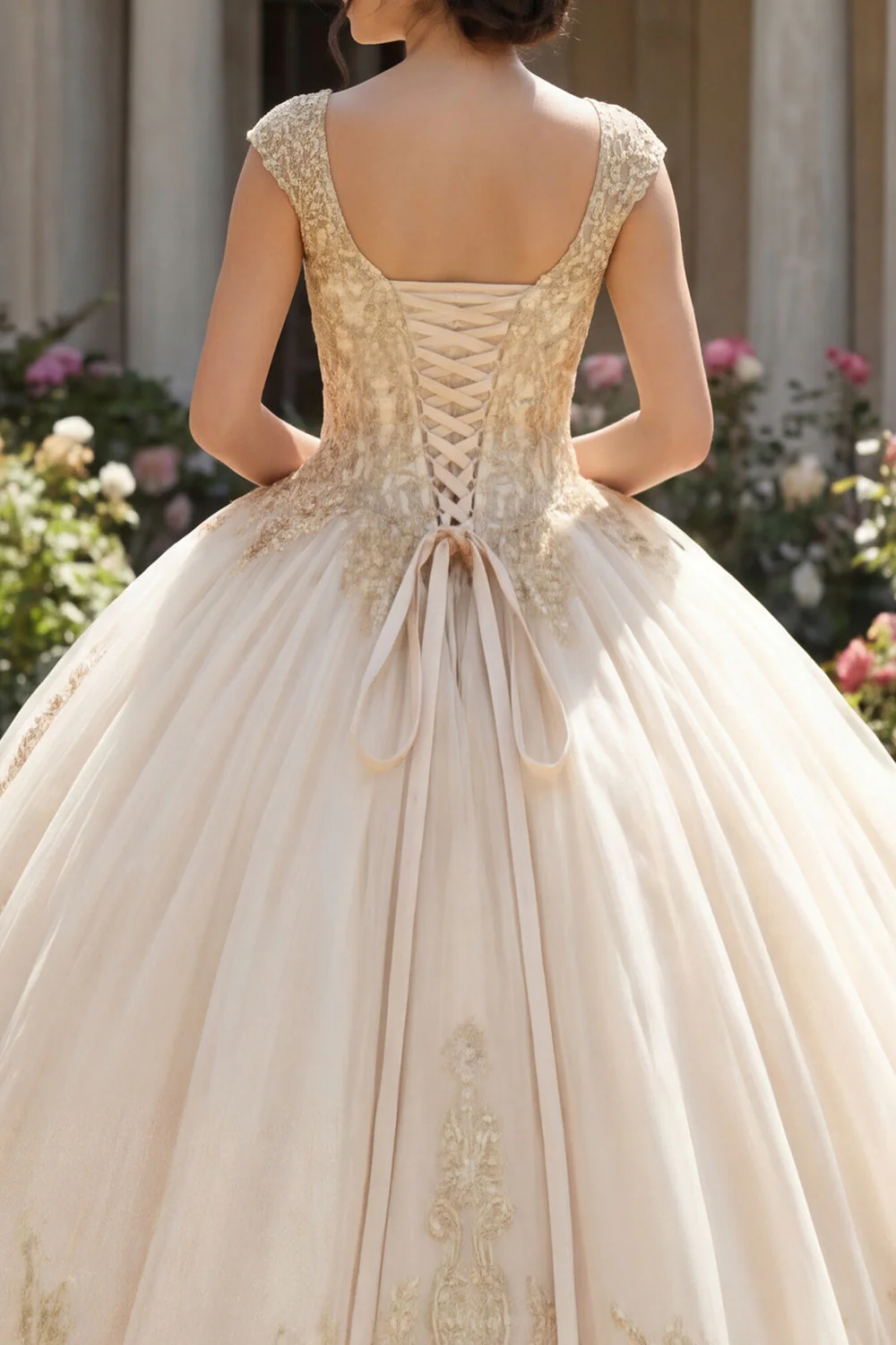 Sukienka balowa z aplikacjami szampana z dekoltem w serek, sukienka quinceanera - Image 4