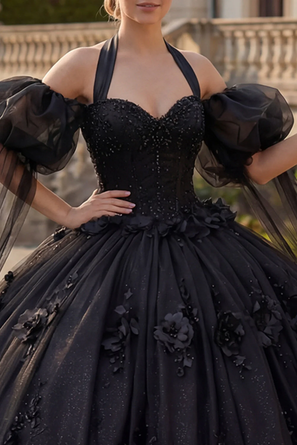Sukienka balowa z dekoltem na ramię i aplikacjami sukienka z koralikami z Quinceanera i puszystymi rękawami - Image 3