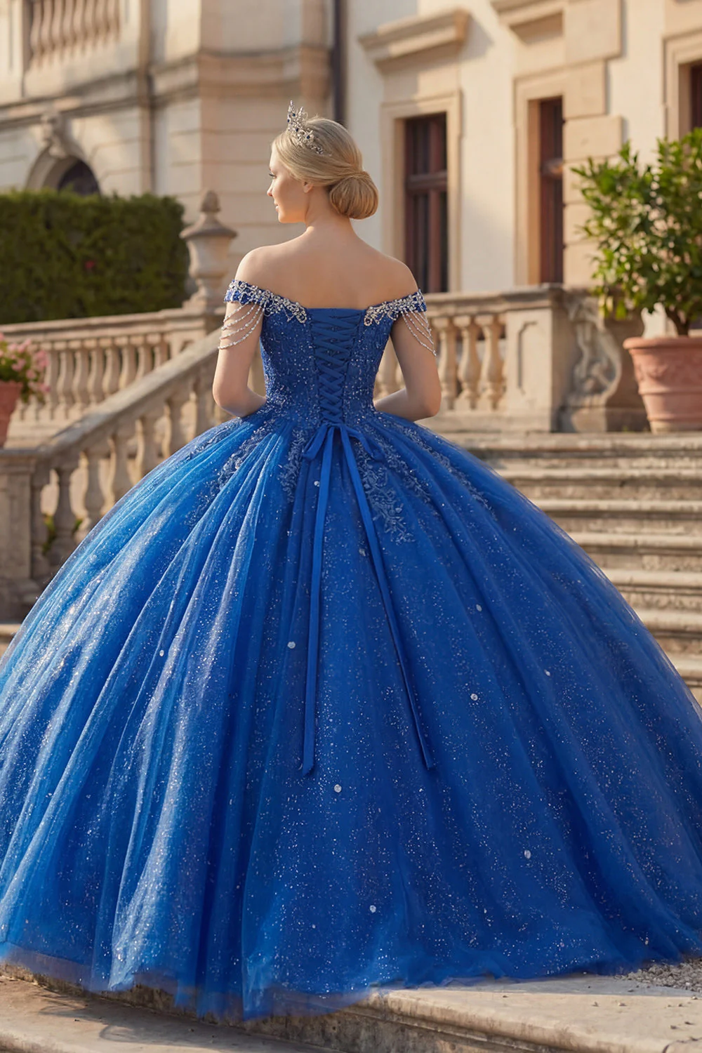 Sukienka balowa z odkrytymi ramionami – królewsko-niebieskia suknia balowa z brokatem i brokatem na Quinceanera - Image 2
