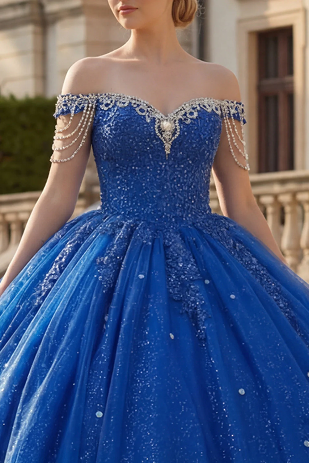 Sukienka balowa z odkrytymi ramionami – królewsko-niebieskia suknia balowa z brokatem i brokatem na Quinceanera - Image 3