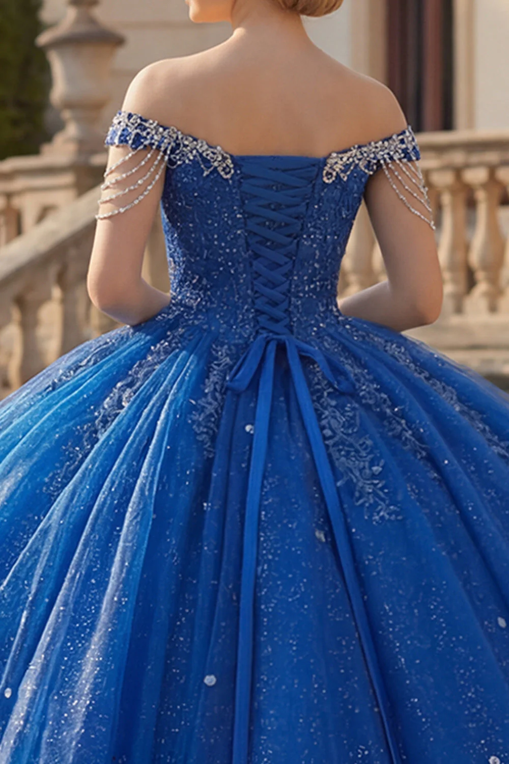 Sukienka balowa z odkrytymi ramionami – królewsko-niebieskia suknia balowa z brokatem i brokatem na Quinceanera - Image 4