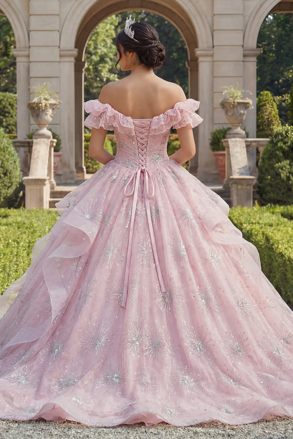 Sukienka balowa z odkrytymi ramionami – różowa, brokatowa, falbanowana, sukienka Quinceanera - Image 2