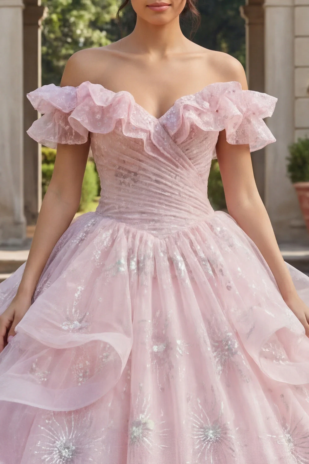 Sukienka balowa z odkrytymi ramionami – różowa, brokatowa, falbanowana, sukienka Quinceanera - Image 3