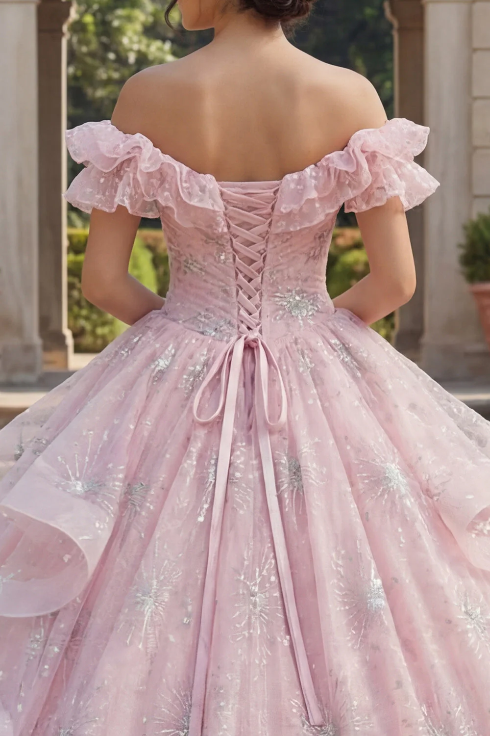 Sukienka balowa z odkrytymi ramionami – różowa, brokatowa, falbanowana, sukienka Quinceanera - Image 4