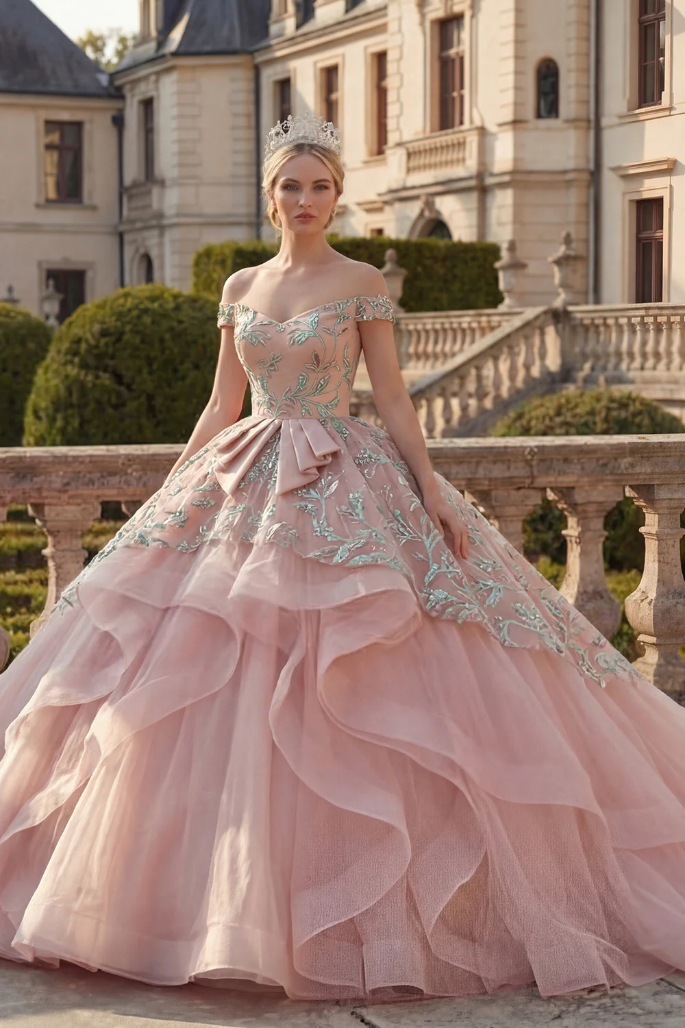 Sukienka balowa z odkrytymi ramionami, różowiec z falbanami i sukienka księżniczki Quinceanera