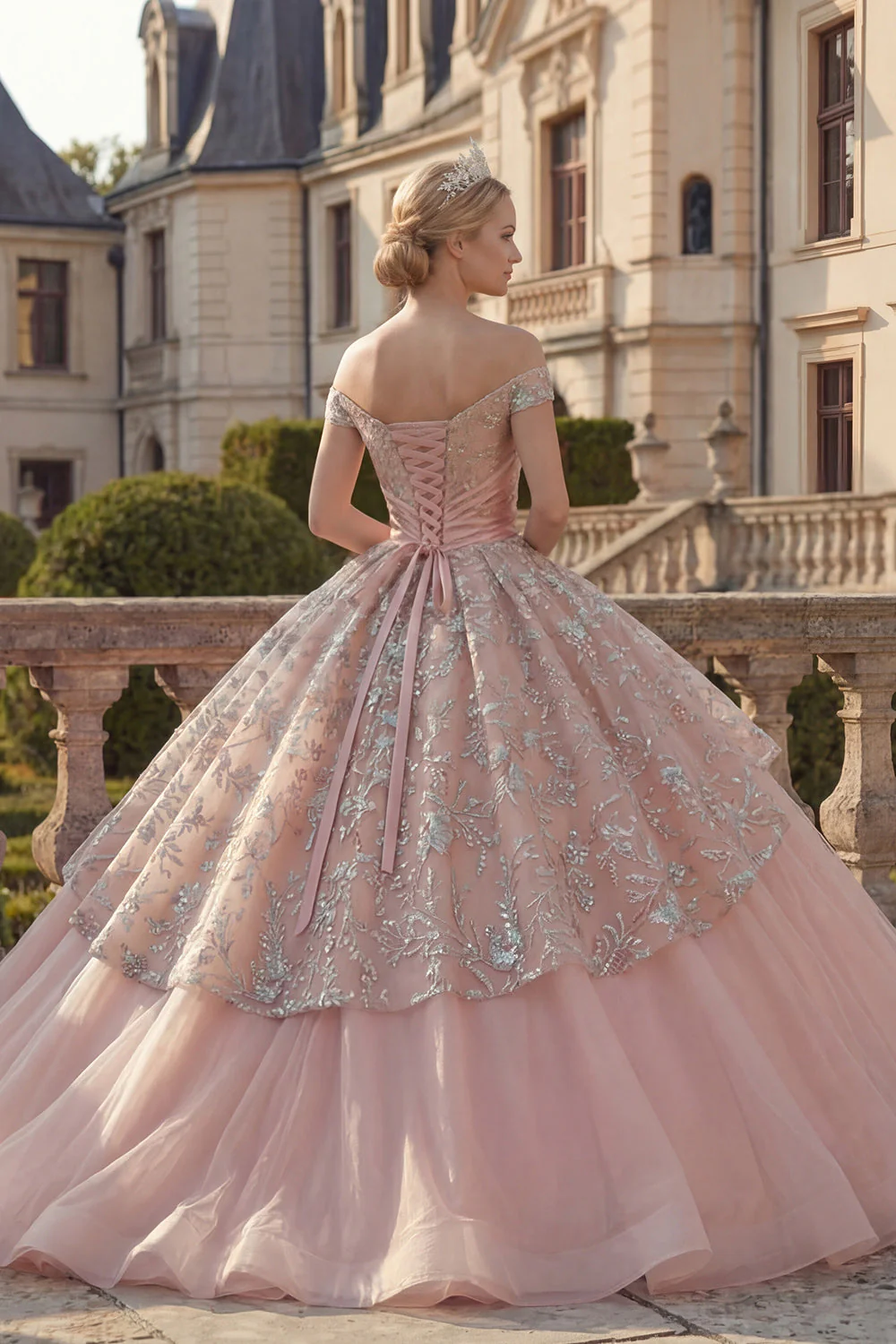 Sukienka balowa z odkrytymi ramionami, różowiec z falbanami i sukienka księżniczki Quinceanera - Image 2