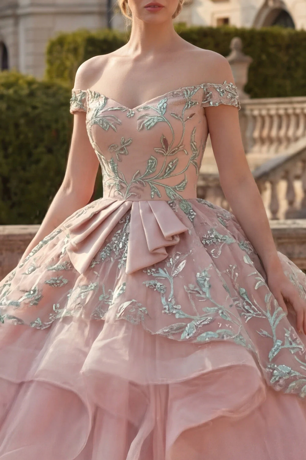 Sukienka balowa z odkrytymi ramionami, różowiec z falbanami i sukienka księżniczki Quinceanera - Image 3